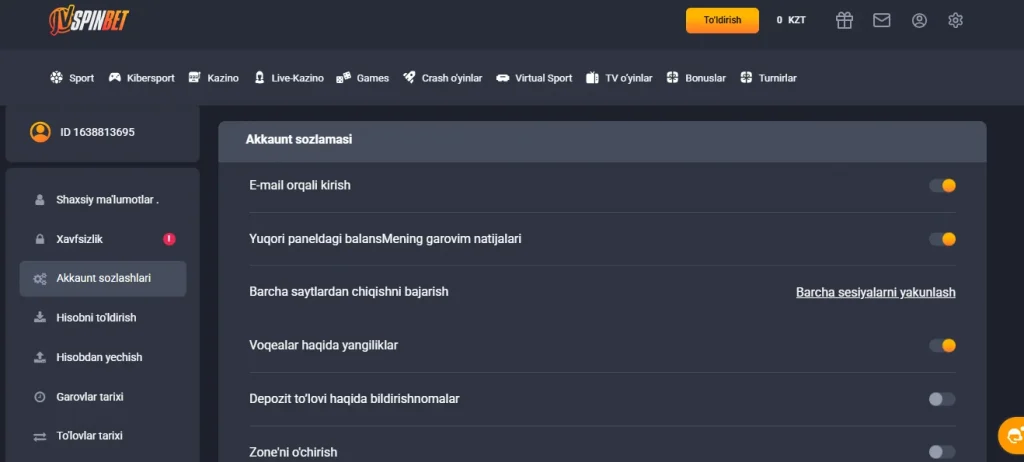 Profil va shaxsiy kabinetni sozlash JVSpinBet