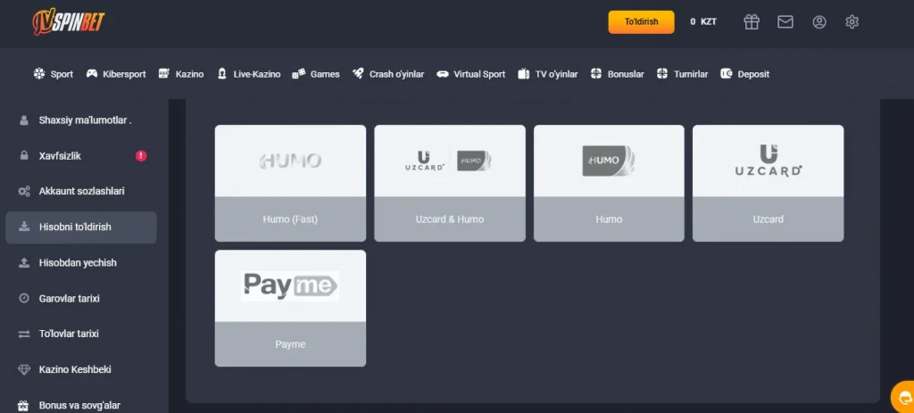 Payme va Click tizimlari yordamida o'tkazmalar JVSpinBet